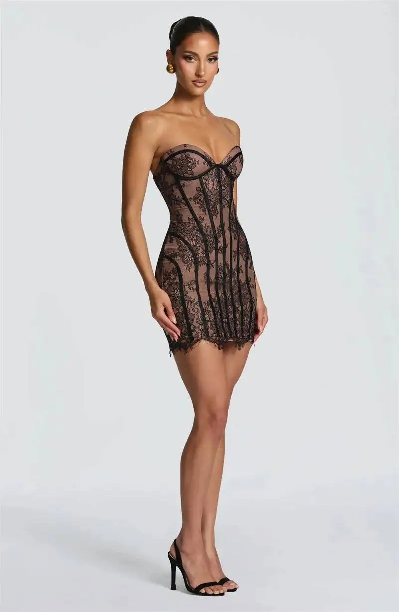 Fleepmart Lace Strapless Mermaid Mini Dress Women Sweetheart Neck Sheer Mesh Bodycon Short Gown Evening Party Cocktail Vestidos