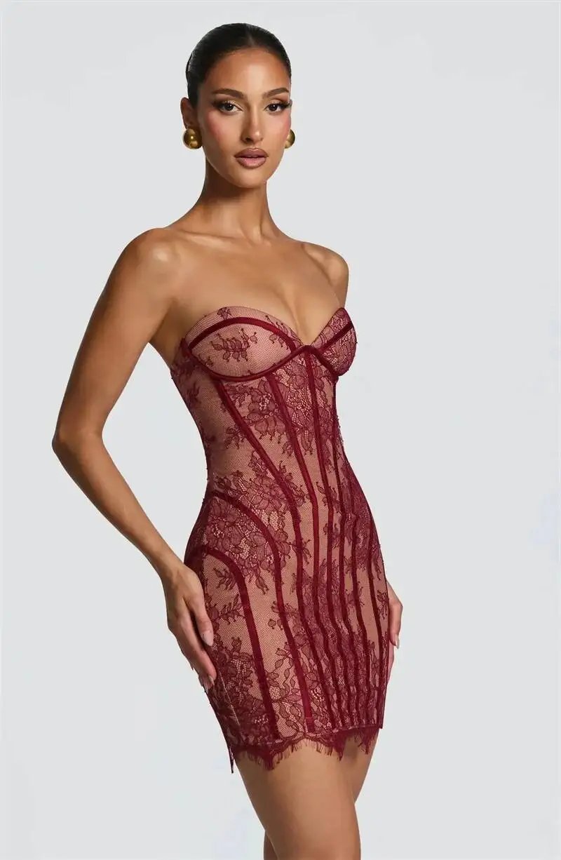 Fleepmart Lace Strapless Mermaid Mini Dress Women Sweetheart Neck Sheer Mesh Bodycon Short Gown Evening Party Cocktail Vestidos