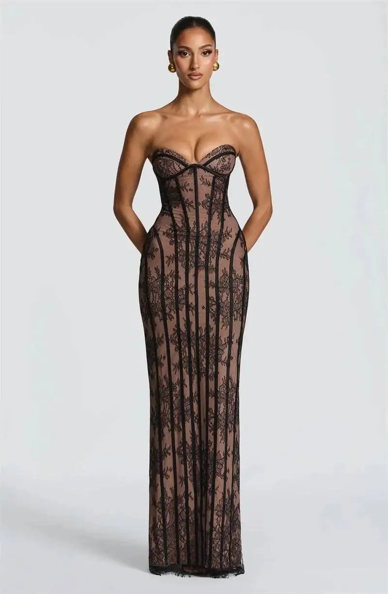 Fleepmart Lace Strapless Mermaid Maxi Dress Women Sweetheart Neck Sheer Mesh Bodycon Long Gown Evening Party Cocktail Vestidos