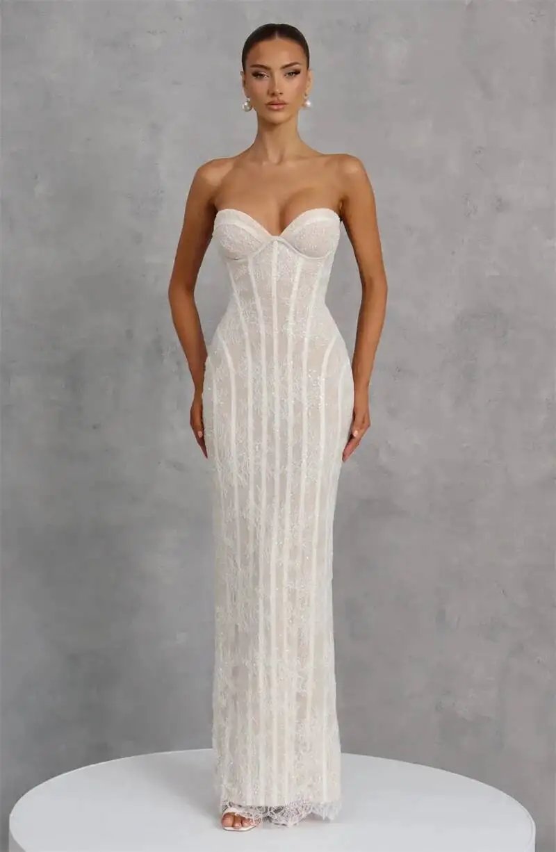 Fleepmart Lace Strapless Mermaid Maxi Dress Women Sweetheart Neck Sheer Mesh Bodycon Long Gown Evening Party Cocktail Vestidos