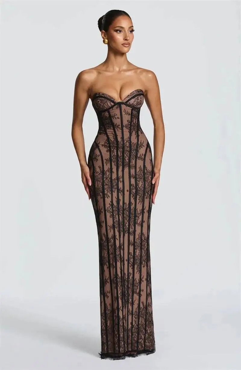 Fleepmart Lace Strapless Mermaid Maxi Dress Women Sweetheart Neck Sheer Mesh Bodycon Long Gown Evening Party Cocktail Vestidos