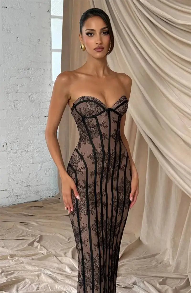 Fleepmart Lace Strapless Mermaid Maxi Dress Women Sweetheart Neck Sheer Mesh Bodycon Long Gown Evening Party Cocktail Vestidos