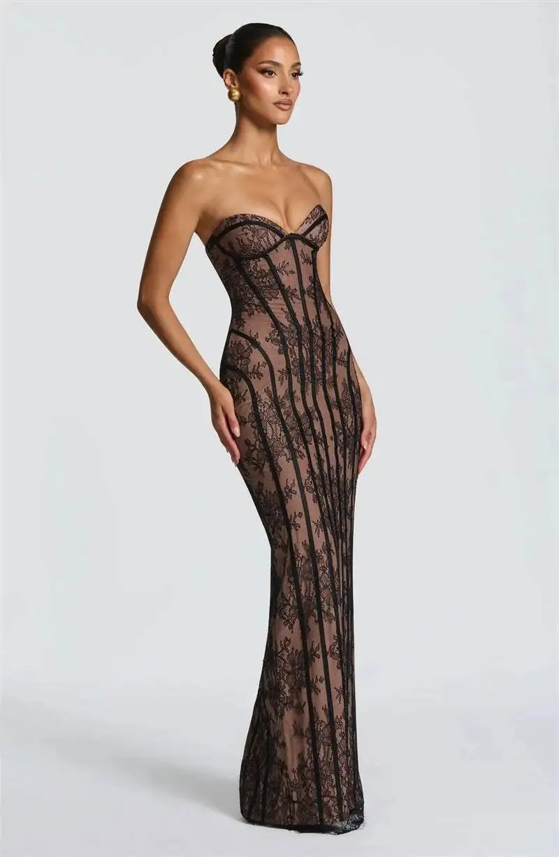 Fleepmart Lace Strapless Mermaid Maxi Dress Women Sweetheart Neck Sheer Mesh Bodycon Long Gown Evening Party Cocktail Vestidos