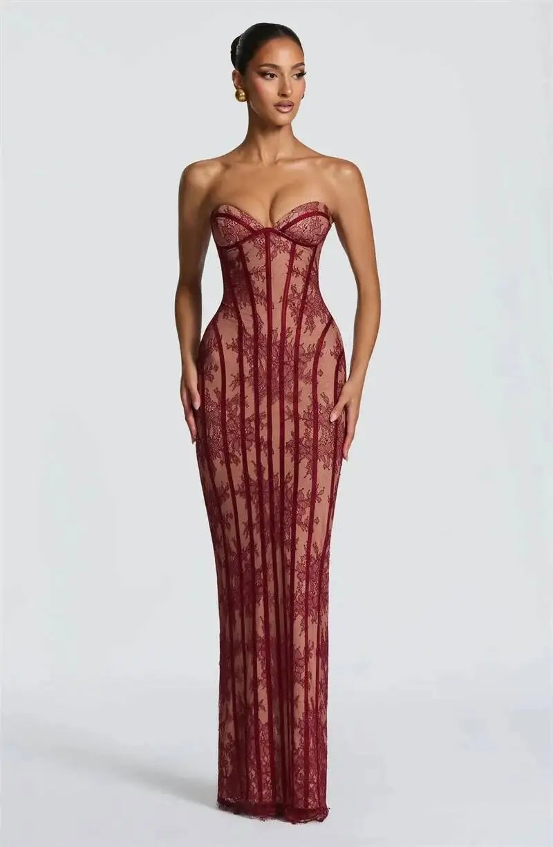 Fleepmart Lace Strapless Mermaid Maxi Dress Women Sweetheart Neck Sheer Mesh Bodycon Long Gown Evening Party Cocktail Vestidos