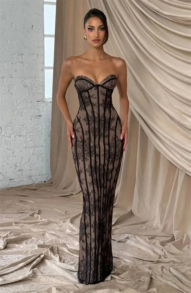 Fleepmart Lace Strapless Mermaid Maxi Dress Women Sweetheart Neck Sheer Mesh Bodycon Long Gown Evening Party Cocktail Vestidos