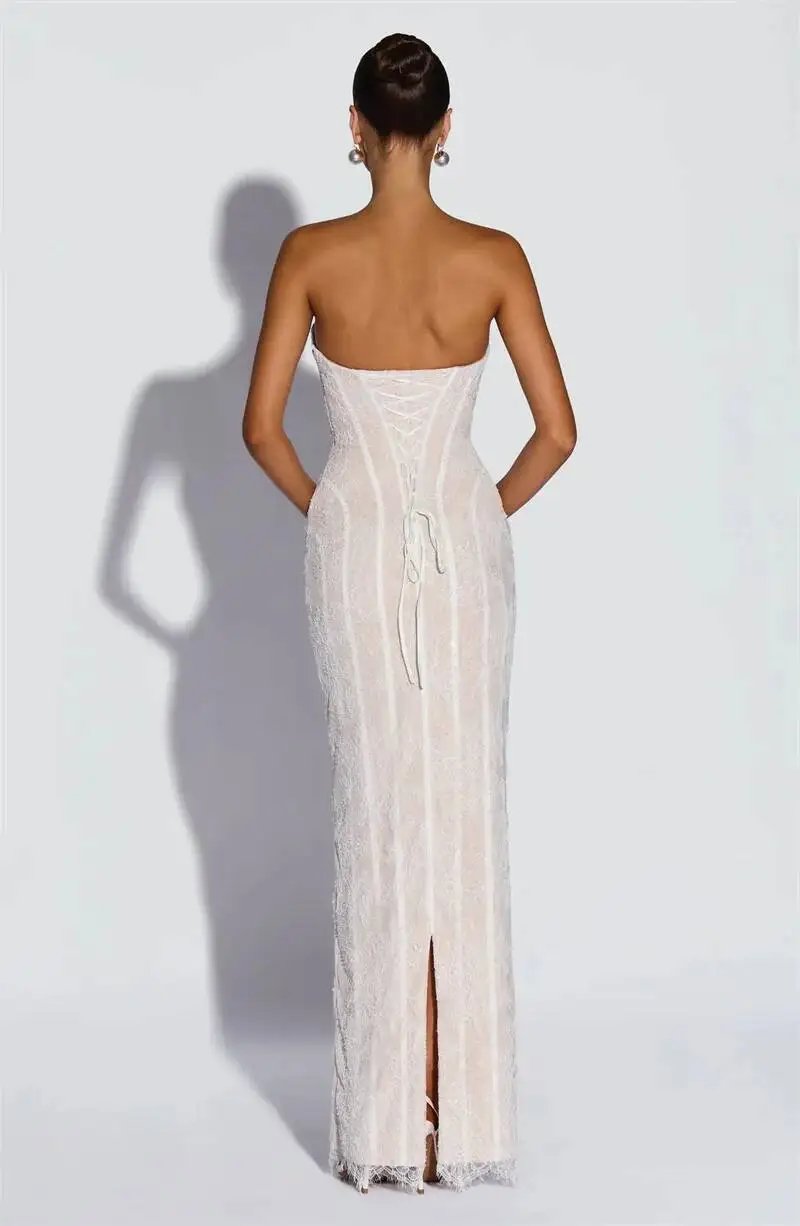 Fleepmart Lace Strapless Mermaid Maxi Dress Women Sweetheart Neck Sheer Mesh Bodycon Long Gown Evening Party Cocktail Vestidos
