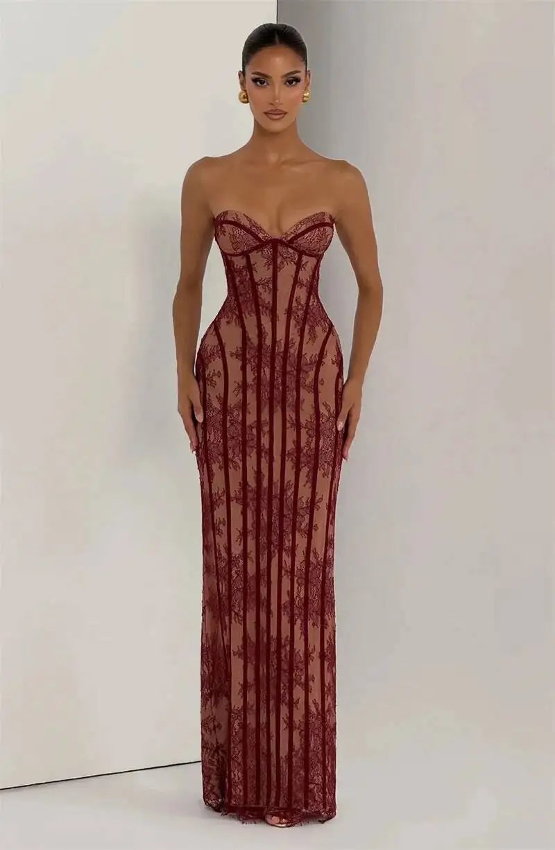 Fleepmart Lace Strapless Mermaid Maxi Dress Women Sweetheart Neck Sheer Mesh Bodycon Long Gown Evening Party Cocktail Vestidos