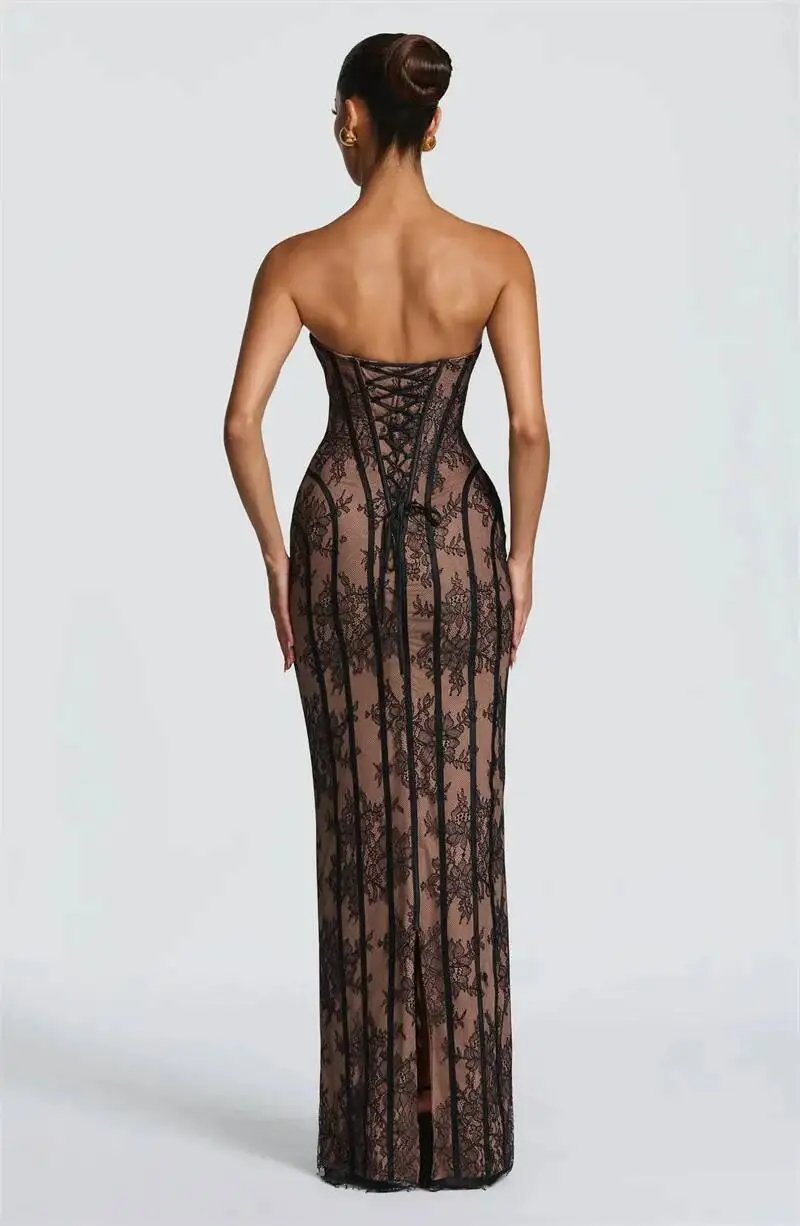 Fleepmart Lace Strapless Mermaid Maxi Dress Women Sweetheart Neck Sheer Mesh Bodycon Long Gown Evening Party Cocktail Vestidos