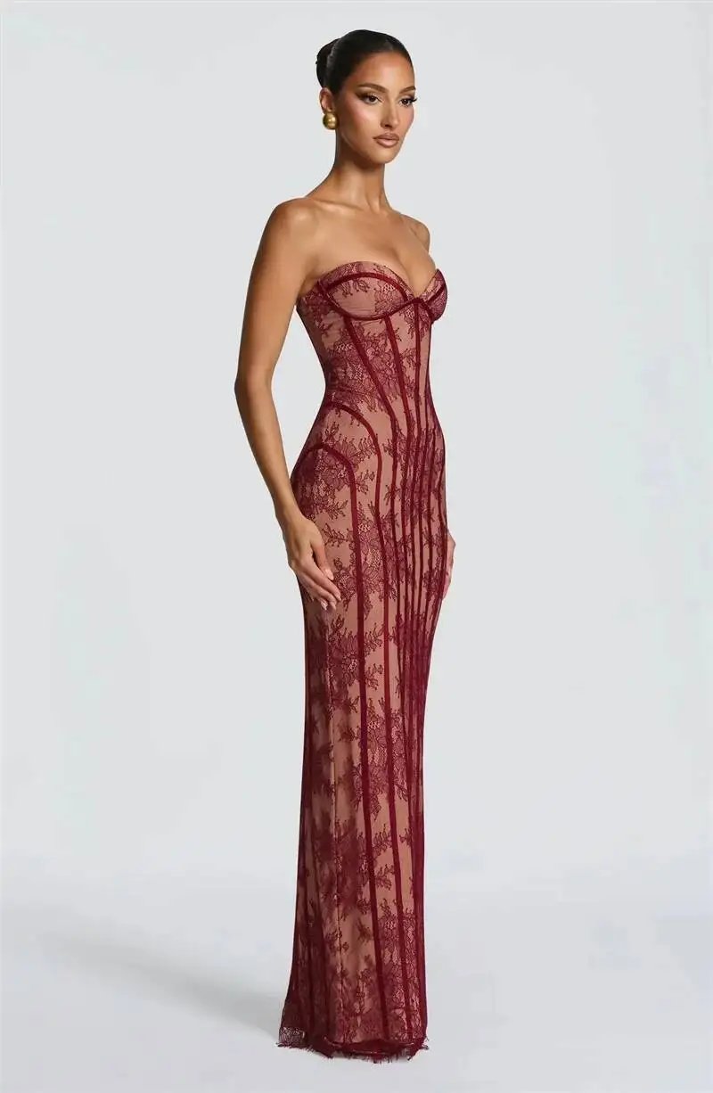 Fleepmart Lace Strapless Mermaid Maxi Dress Women Sweetheart Neck Sheer Mesh Bodycon Long Gown Evening Party Cocktail Vestidos