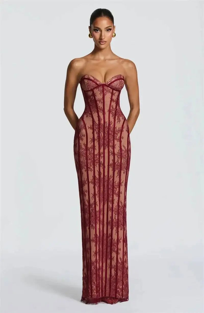 Fleepmart Lace Strapless Mermaid Maxi Dress Women Sweetheart Neck Sheer Mesh Bodycon Long Gown Evening Party Cocktail Vestidos