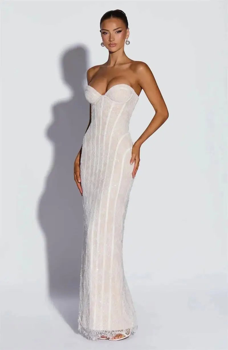 Fleepmart Lace Strapless Mermaid Maxi Dress Women Sweetheart Neck Sheer Mesh Bodycon Long Gown Evening Party Cocktail Vestidos