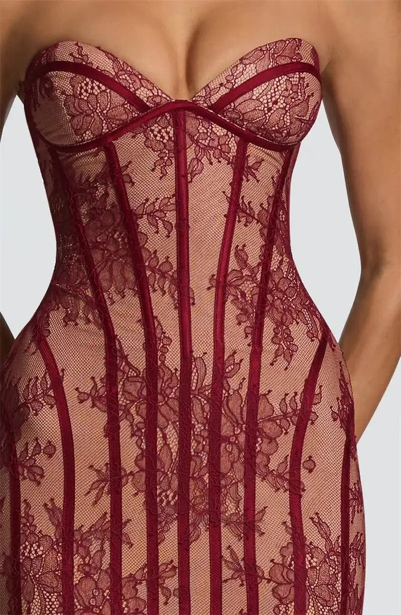 Fleepmart Lace Strapless Mermaid Maxi Dress Women Sweetheart Neck Sheer Mesh Bodycon Long Gown Evening Party Cocktail Vestidos