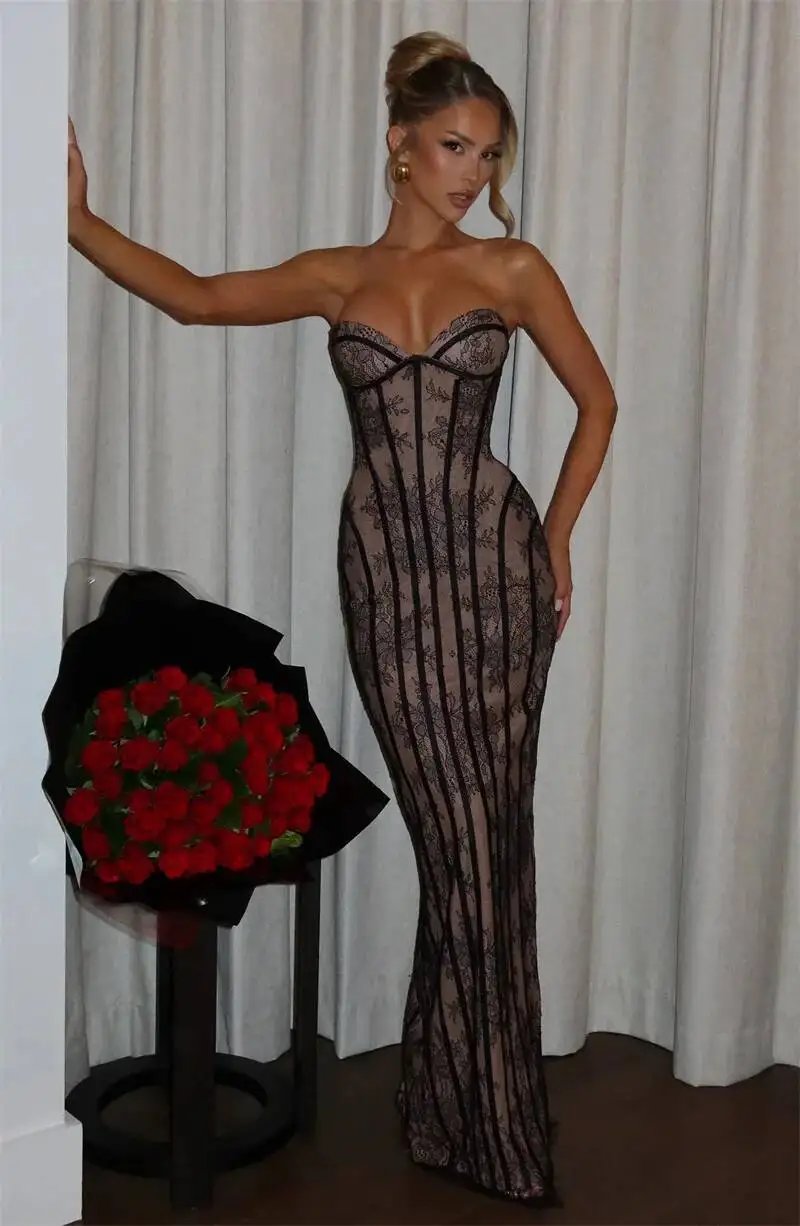 Fleepmart Lace Strapless Mermaid Maxi Dress Women Sweetheart Neck Sheer Mesh Bodycon Long Gown Evening Party Cocktail Vestidos