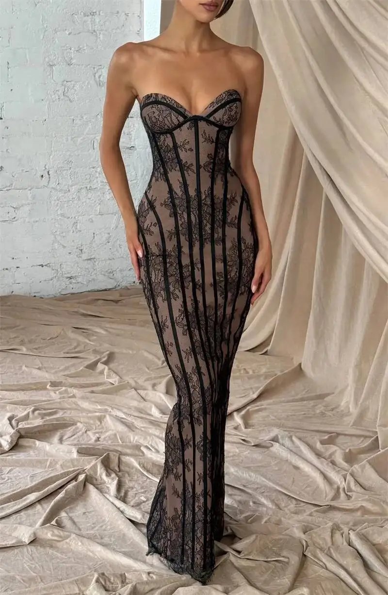 Fleepmart Lace Strapless Mermaid Maxi Dress Women Sweetheart Neck Sheer Mesh Bodycon Long Gown Evening Party Cocktail Vestidos