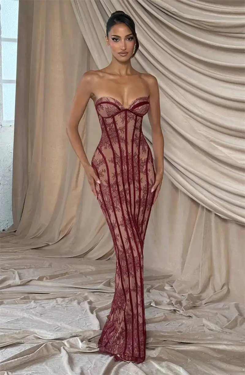 Fleepmart Lace Strapless Mermaid Maxi Dress Women Sweetheart Neck Sheer Mesh Bodycon Long Gown Evening Party Cocktail Vestidos