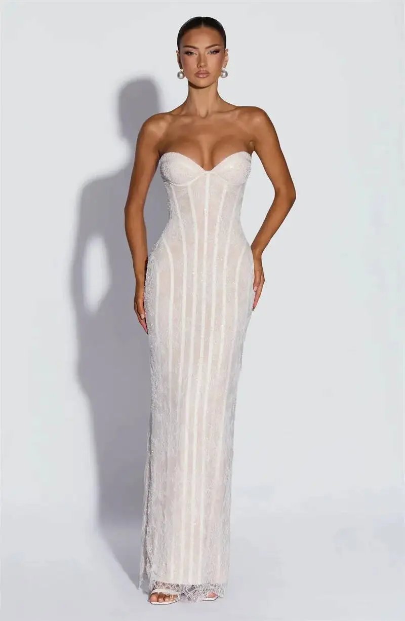Fleepmart Lace Strapless Mermaid Maxi Dress Women Sweetheart Neck Sheer Mesh Bodycon Long Gown Evening Party Cocktail Vestidos