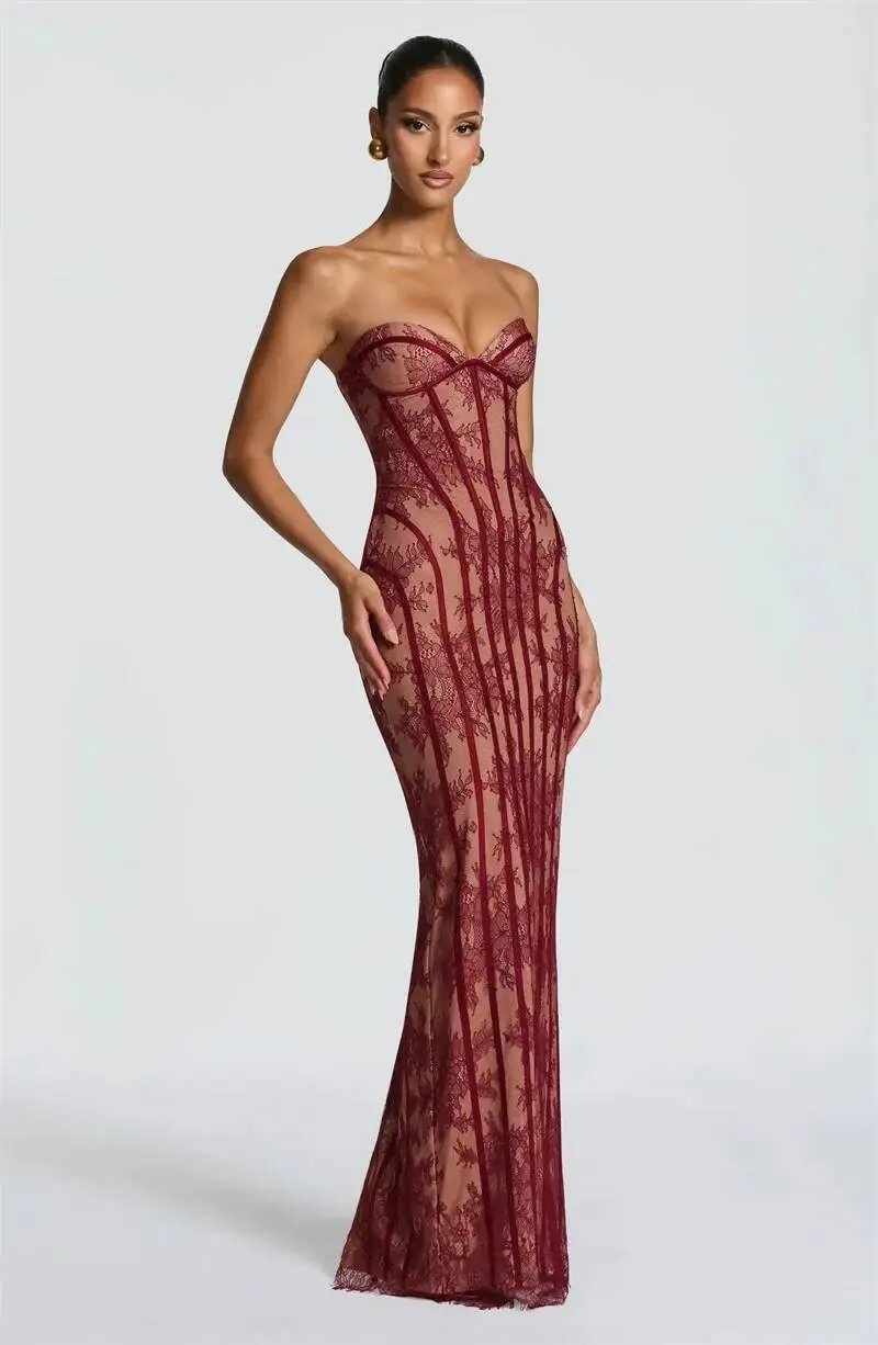 Fleepmart Lace Strapless Mermaid Maxi Dress Women Sweetheart Neck Sheer Mesh Bodycon Long Gown Evening Party Cocktail Vestidos