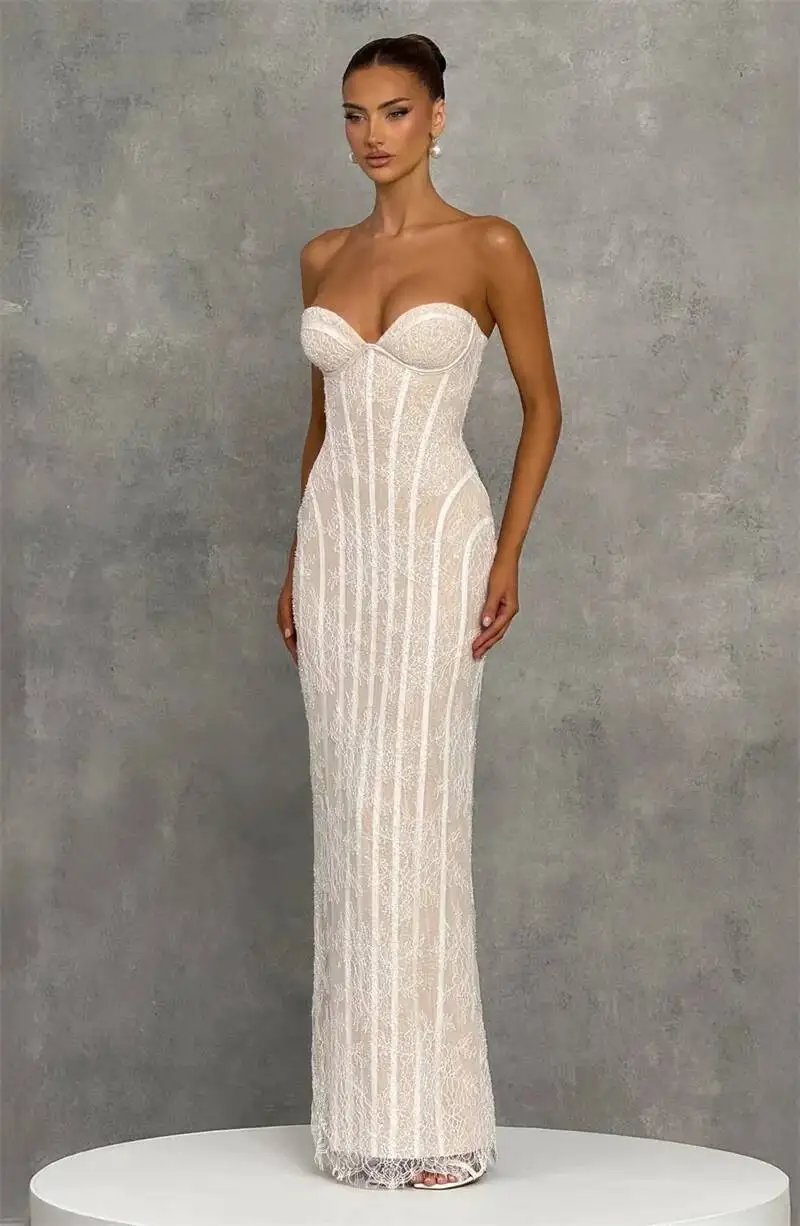 Fleepmart Lace Strapless Mermaid Maxi Dress Women Sweetheart Neck Sheer Mesh Bodycon Long Gown Evening Party Cocktail Vestidos