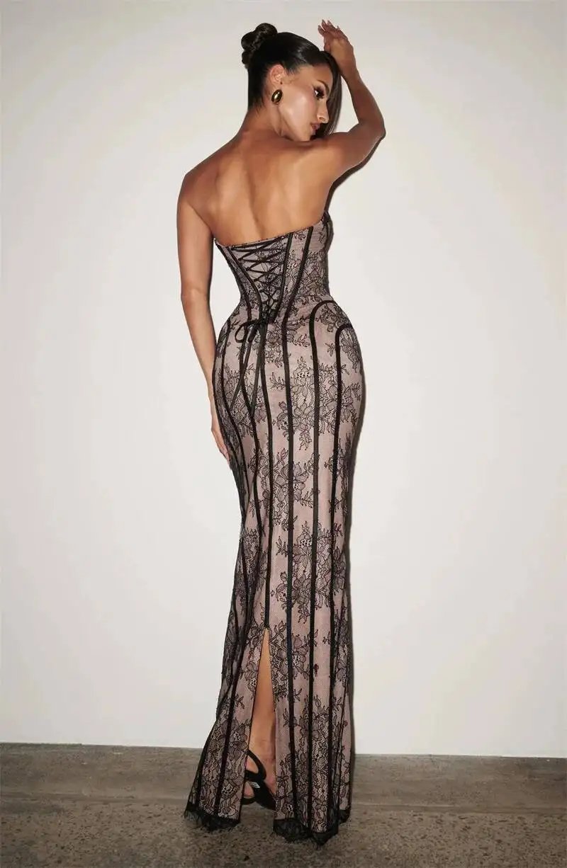Fleepmart Lace Strapless Mermaid Maxi Dress Women Sweetheart Neck Sheer Mesh Bodycon Long Gown Evening Party Cocktail Vestidos