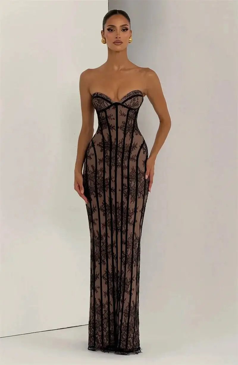 Fleepmart Lace Strapless Mermaid Maxi Dress Women Sweetheart Neck Sheer Mesh Bodycon Long Gown Evening Party Cocktail Vestidos