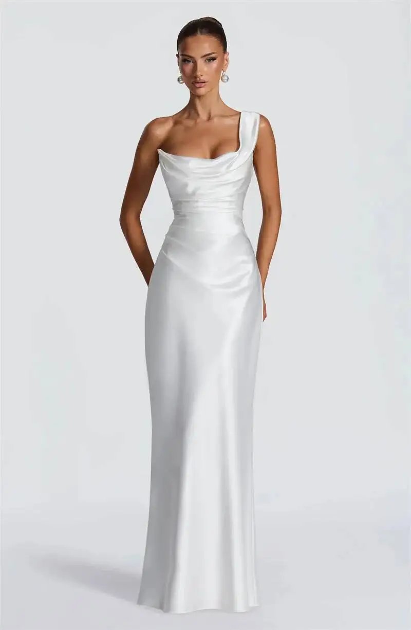 Fleepmart Elegant Satin One Shoulder Evening Dress Women Cowl Neck Sleeveless Bodycon Maxi Dress 2026 Spring Summer Party Gowns
