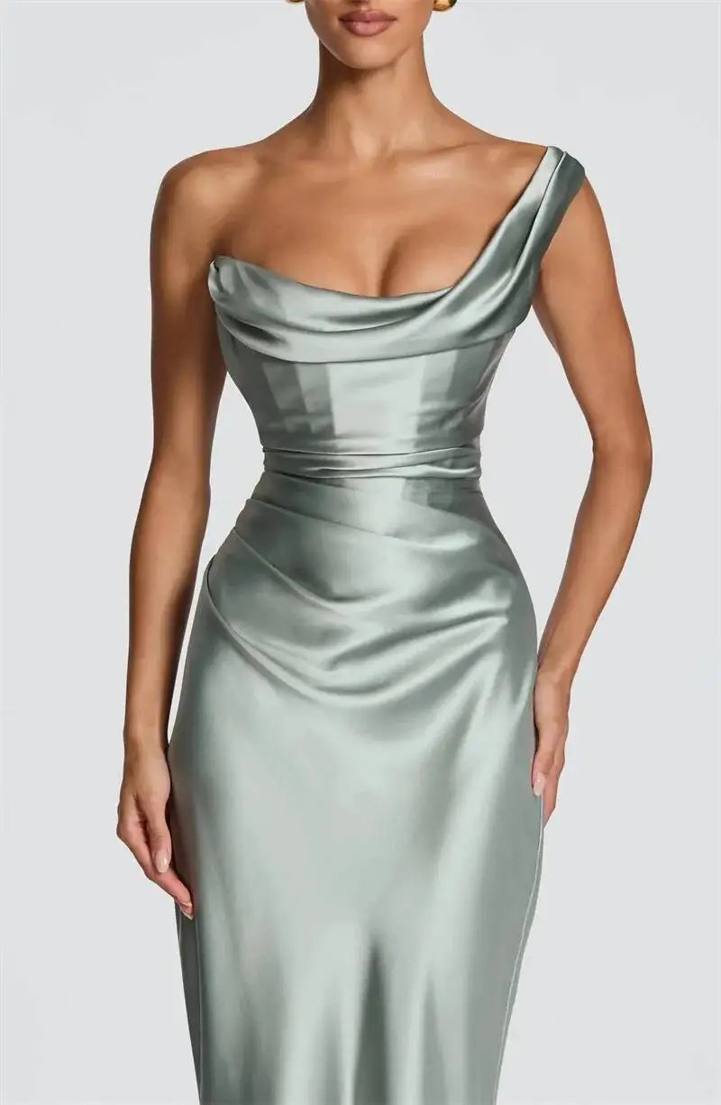 Fleepmart Elegant Satin One Shoulder Evening Dress Women Cowl Neck Sleeveless Bodycon Maxi Dress 2026 Spring Summer Party Gowns