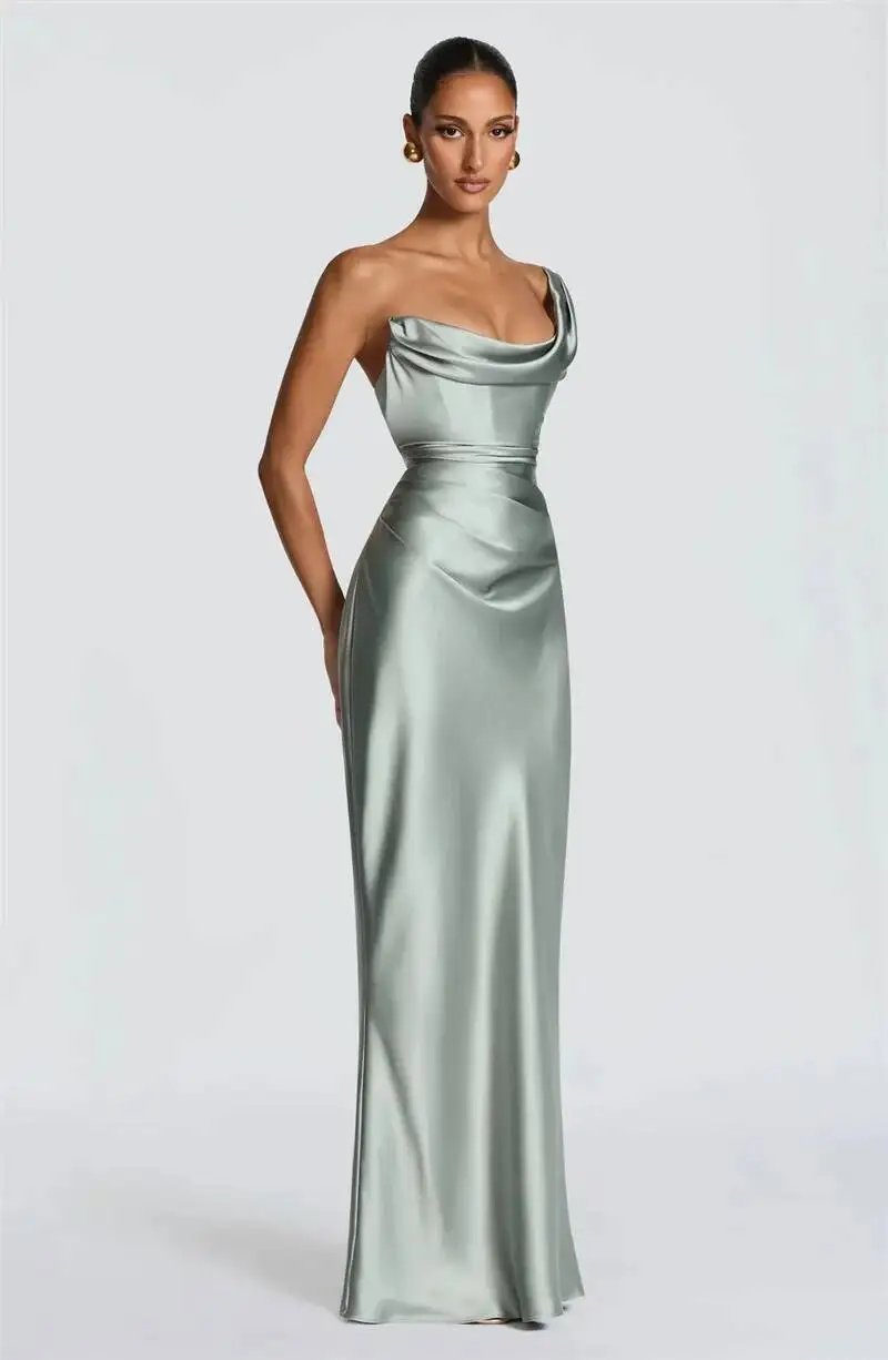 Fleepmart Elegant Satin One Shoulder Evening Dress Women Cowl Neck Sleeveless Bodycon Maxi Dress 2026 Spring Summer Party Gowns