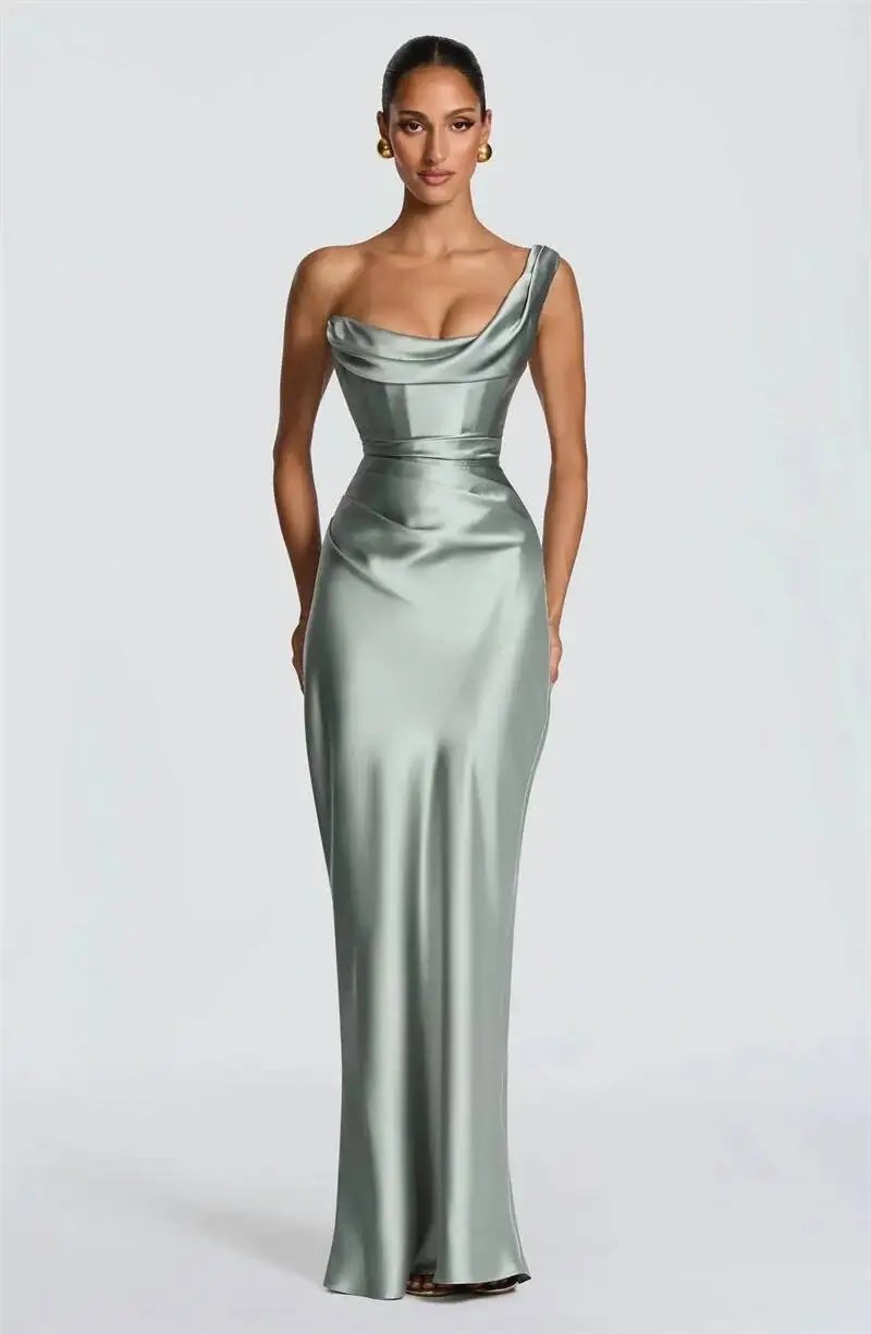 Fleepmart Elegant Satin One Shoulder Evening Dress Women Cowl Neck Sleeveless Bodycon Maxi Dress 2026 Spring Summer Party Gowns