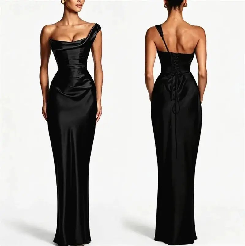 Fleepmart Elegant Satin One Shoulder Evening Dress Women Cowl Neck Sleeveless Bodycon Maxi Dress 2026 Spring Summer Party Gowns