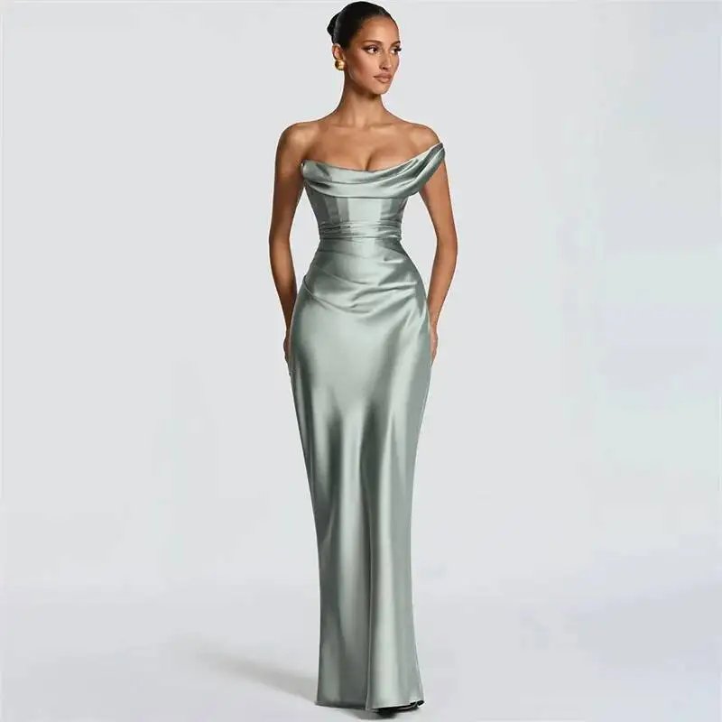Fleepmart Elegant Satin One Shoulder Evening Dress Women Cowl Neck Sleeveless Bodycon Maxi Dress 2026 Spring Summer Party Gowns