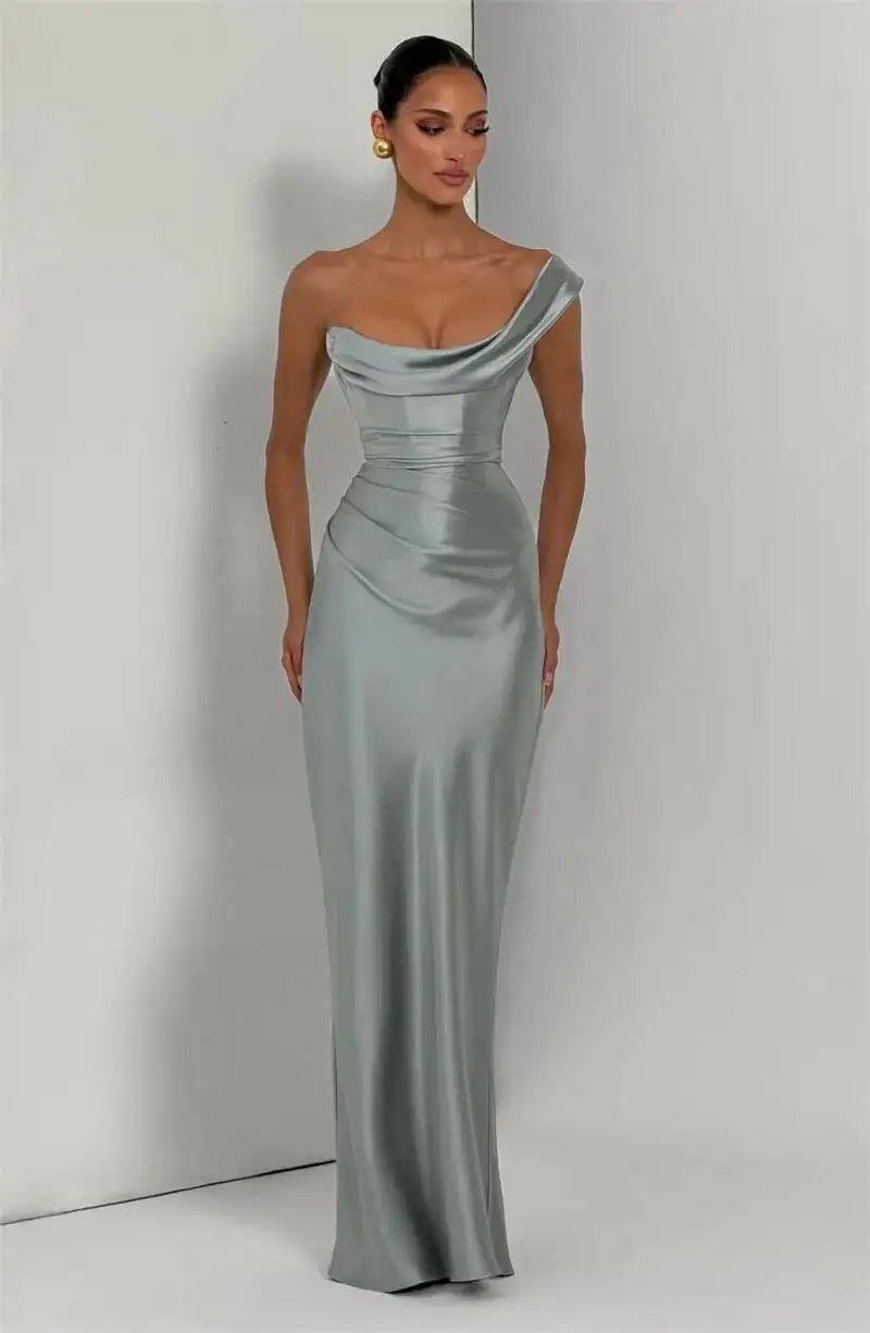 Fleepmart Elegant Satin One Shoulder Evening Dress Women Cowl Neck Sleeveless Bodycon Maxi Dress 2026 Spring Summer Party Gowns