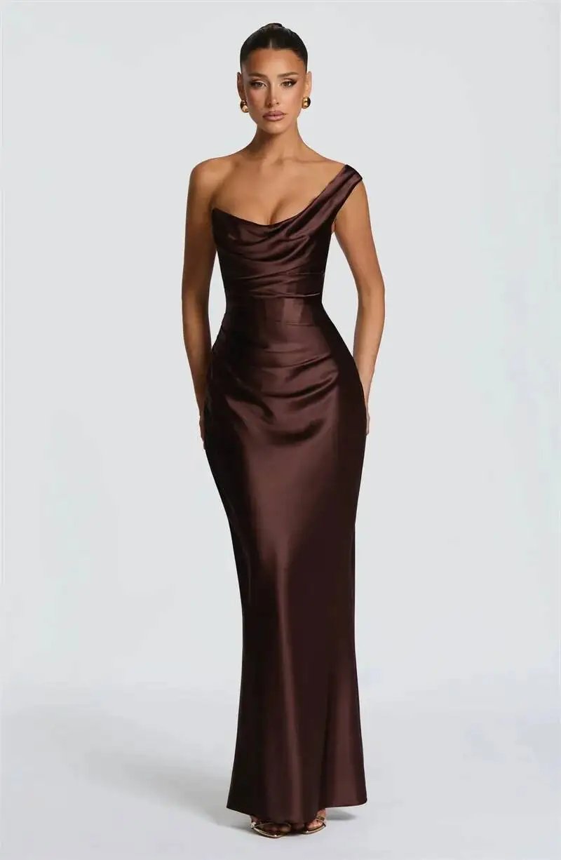 Fleepmart Elegant Satin One Shoulder Evening Dress Women Cowl Neck Sleeveless Bodycon Maxi Dress 2026 Spring Summer Party Gowns