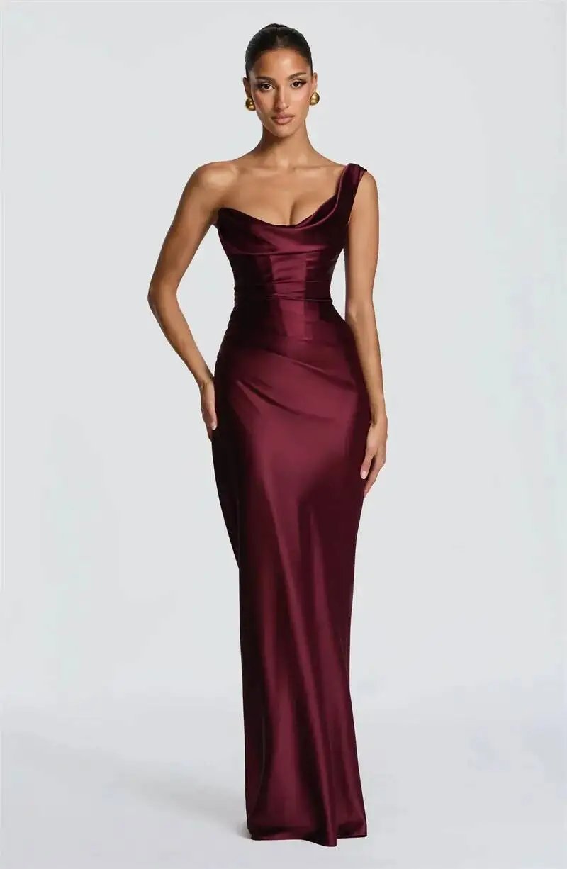Fleepmart Elegant Satin One Shoulder Evening Dress Women Cowl Neck Sleeveless Bodycon Maxi Dress 2026 Spring Summer Party Gowns