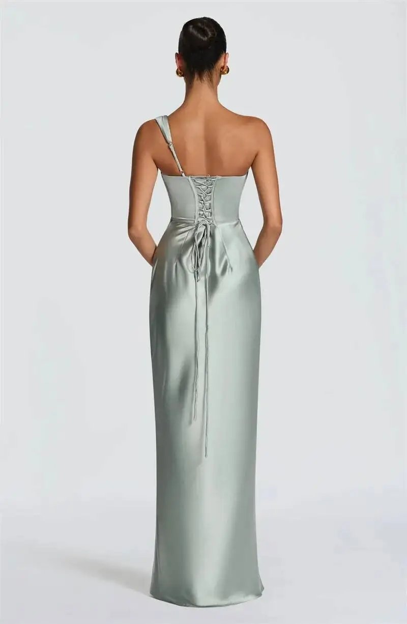 Fleepmart Elegant Satin One Shoulder Evening Dress Women Cowl Neck Sleeveless Bodycon Maxi Dress 2026 Spring Summer Party Gowns
