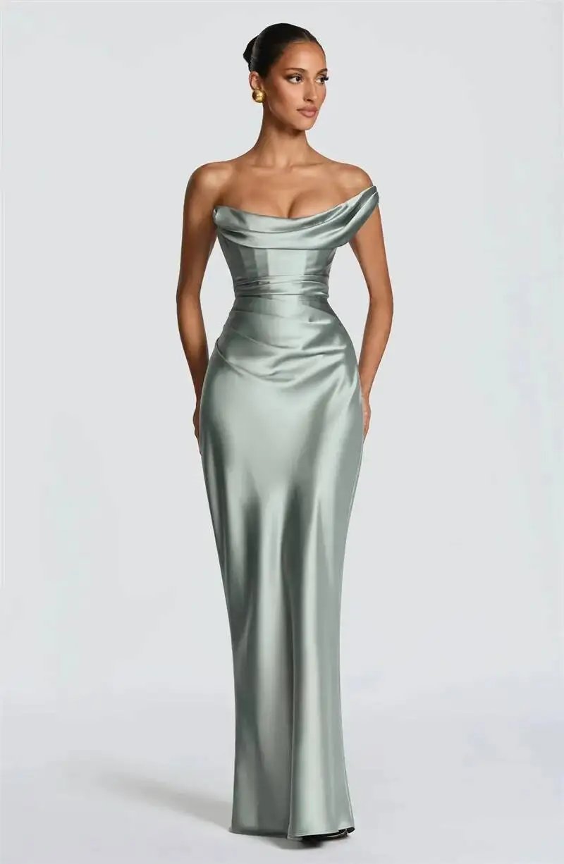 Fleepmart Elegant Satin One Shoulder Evening Dress Women Cowl Neck Sleeveless Bodycon Maxi Dress 2026 Spring Summer Party Gowns