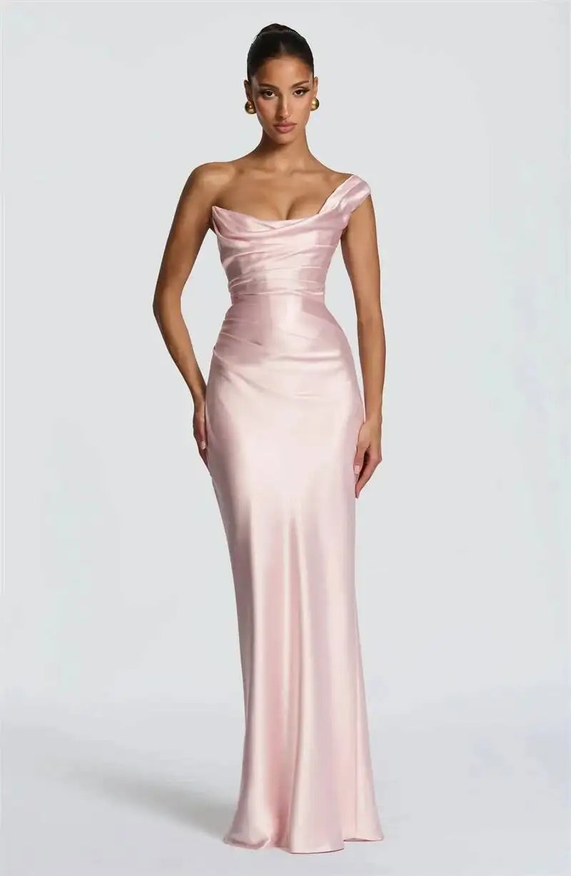Fleepmart Elegant Satin One Shoulder Evening Dress Women Cowl Neck Sleeveless Bodycon Maxi Dress 2026 Spring Summer Party Gowns