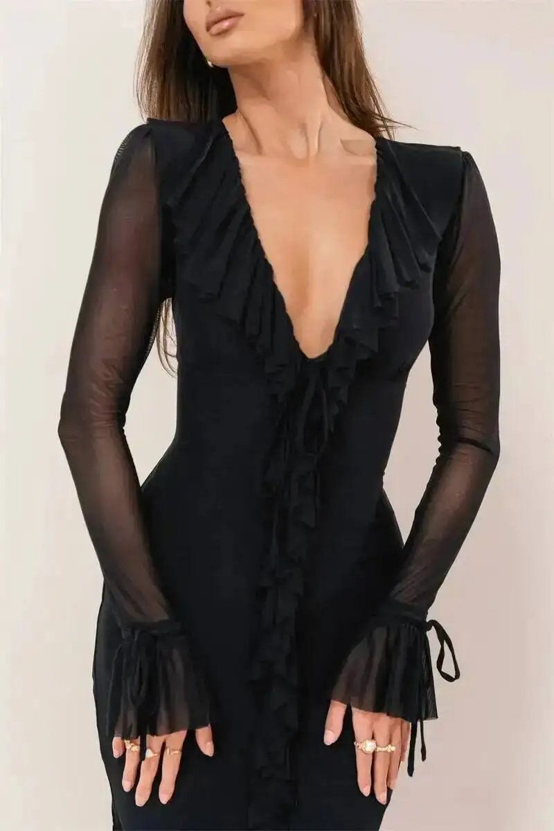 Fleepmart Deep V Neck Ruffled Sexy Maxi Dress Women Elegant Long Sleeve Mesh Bodycon Evening Club Party Long Dresses 2026