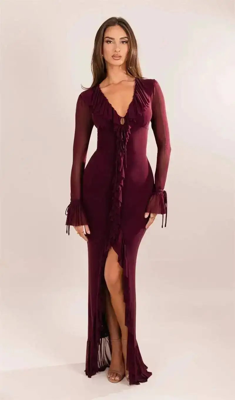 Fleepmart Deep V Neck Ruffled Sexy Maxi Dress Women Elegant Long Sleeve Mesh Bodycon Evening Club Party Long Dresses 2026