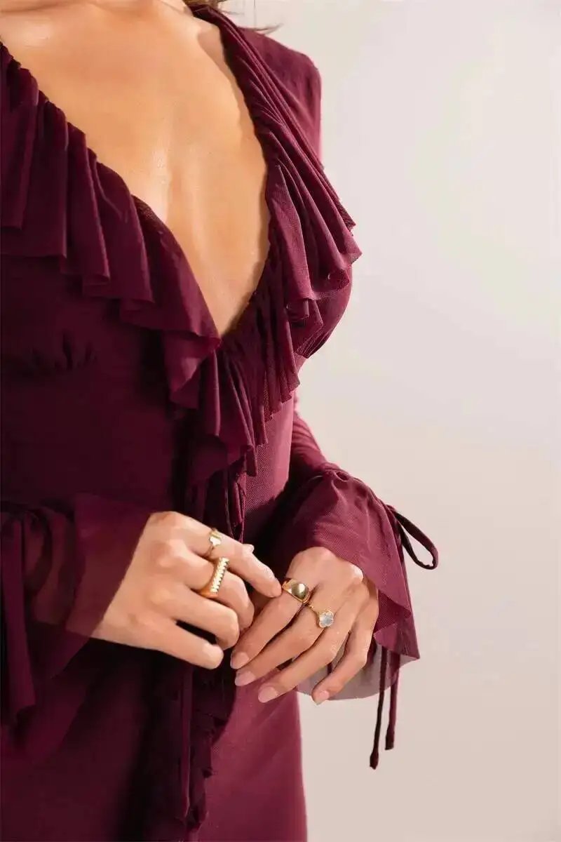 Fleepmart Deep V Neck Ruffled Sexy Maxi Dress Women Elegant Long Sleeve Mesh Bodycon Evening Club Party Long Dresses 2026