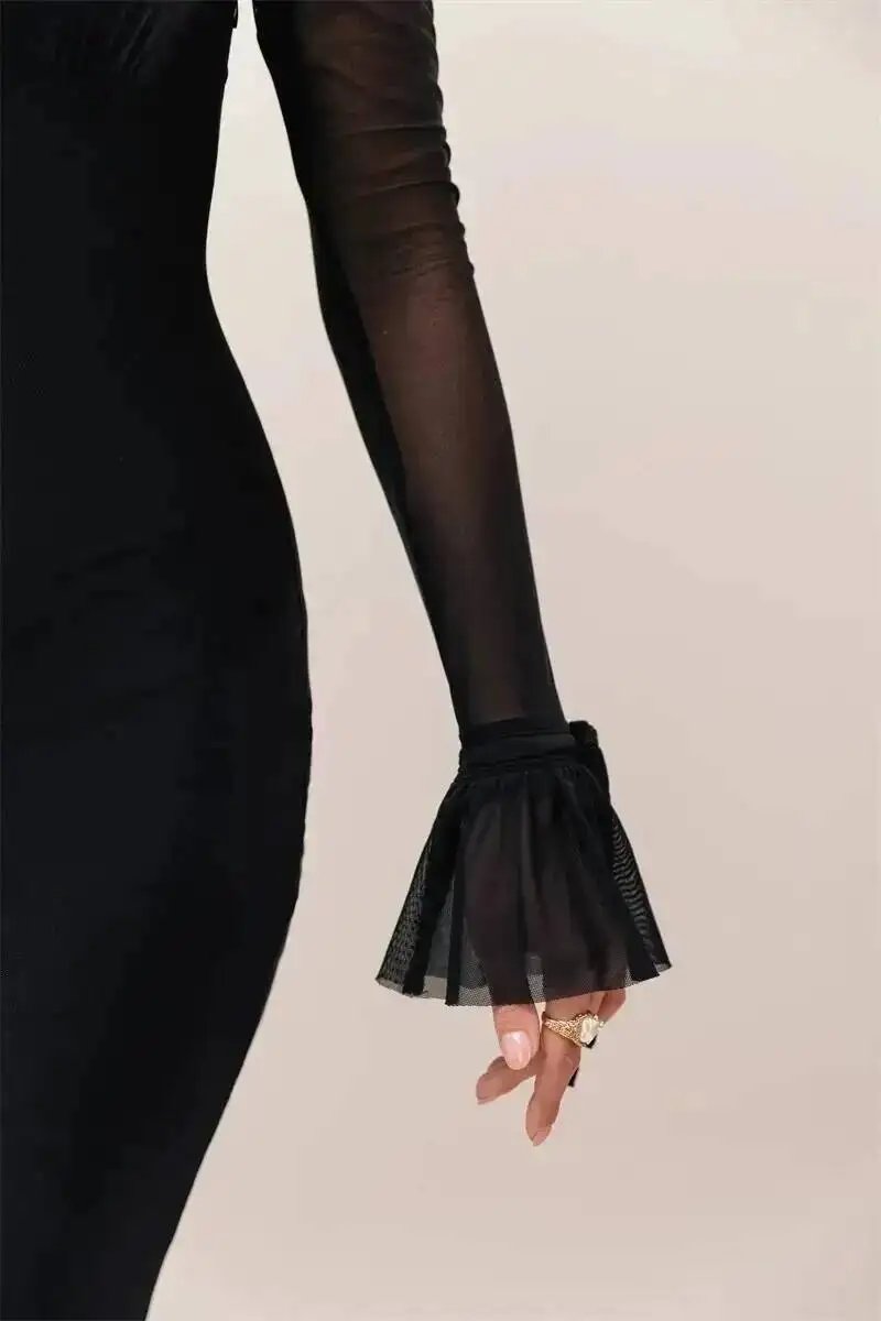 Fleepmart Deep V Neck Ruffled Sexy Maxi Dress Women Elegant Long Sleeve Mesh Bodycon Evening Club Party Long Dresses 2026