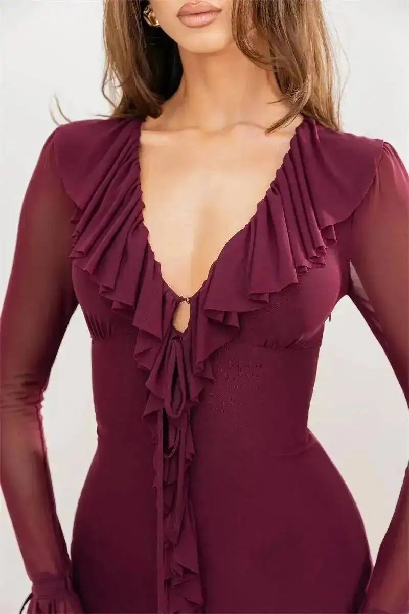 Fleepmart Deep V Neck Ruffled Sexy Maxi Dress Women Elegant Long Sleeve Mesh Bodycon Evening Club Party Long Dresses 2026