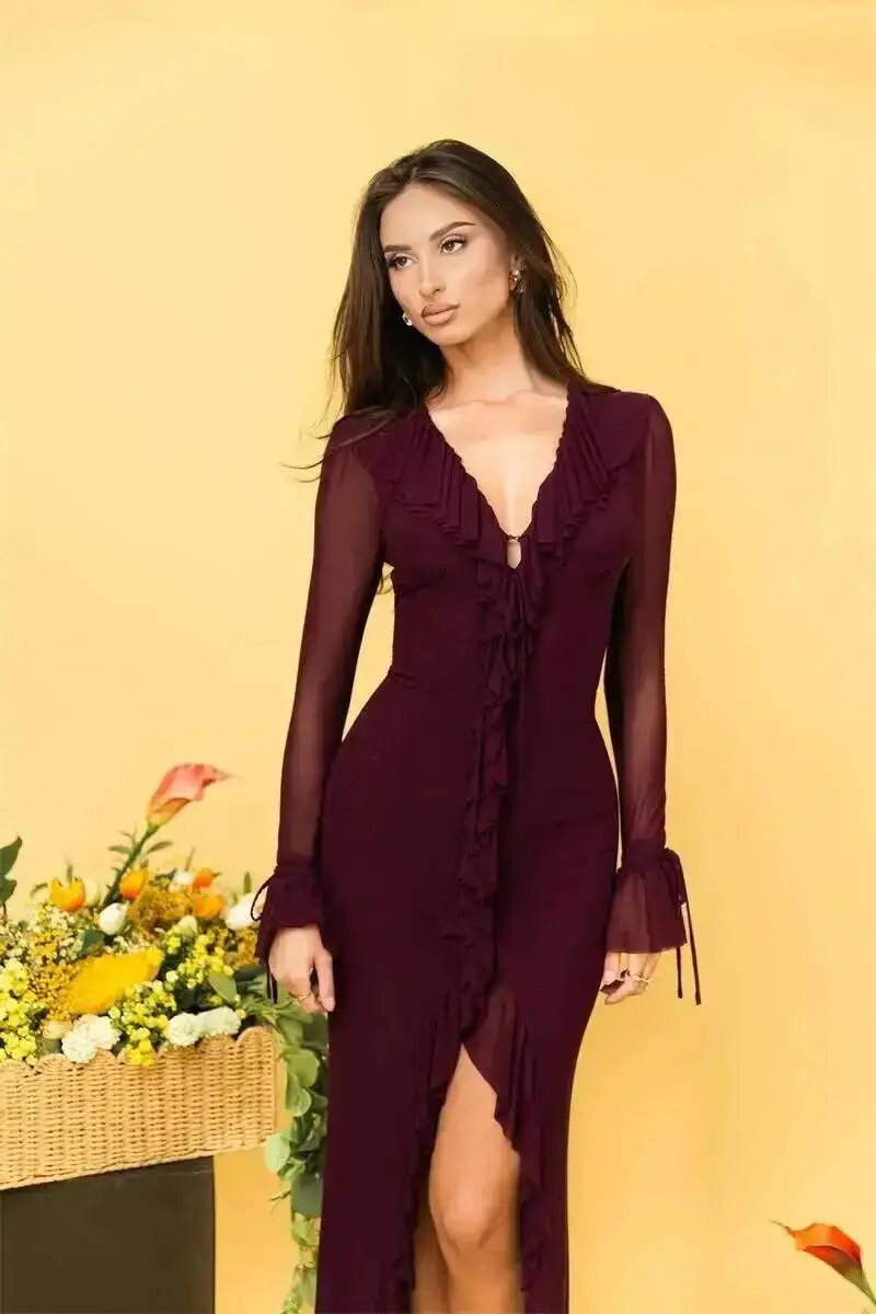 Fleepmart Deep V Neck Ruffled Sexy Maxi Dress Women Elegant Long Sleeve Mesh Bodycon Evening Club Party Long Dresses 2026