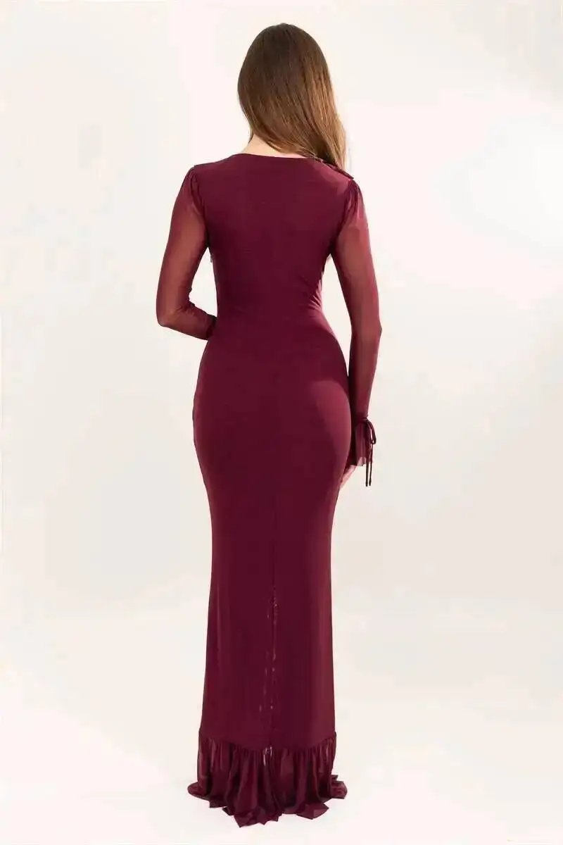 Fleepmart Deep V Neck Ruffled Sexy Maxi Dress Women Elegant Long Sleeve Mesh Bodycon Evening Club Party Long Dresses 2026