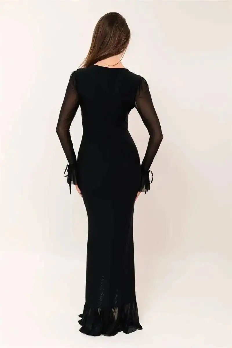 Fleepmart Deep V Neck Ruffled Sexy Maxi Dress Women Elegant Long Sleeve Mesh Bodycon Evening Club Party Long Dresses 2026