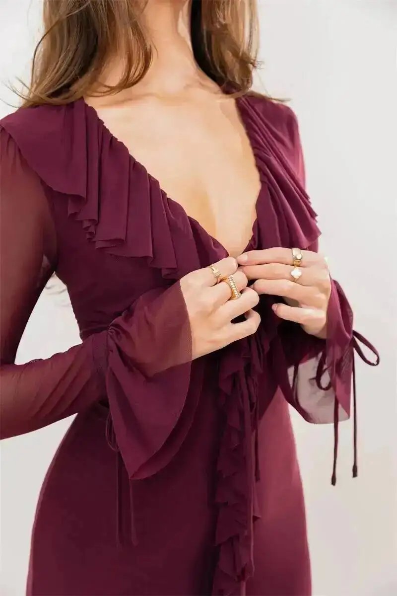 Fleepmart Deep V Neck Ruffled Sexy Maxi Dress Women Elegant Long Sleeve Mesh Bodycon Evening Club Party Long Dresses 2026