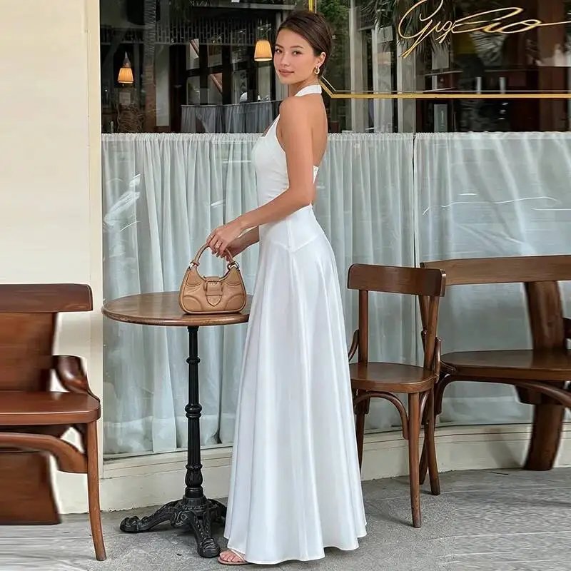 Fleepmart White Halter Backless Sexy Maxi Dress Women Elegant Square Collar Sleeveless Bodycon Club Party Long Dresses Female