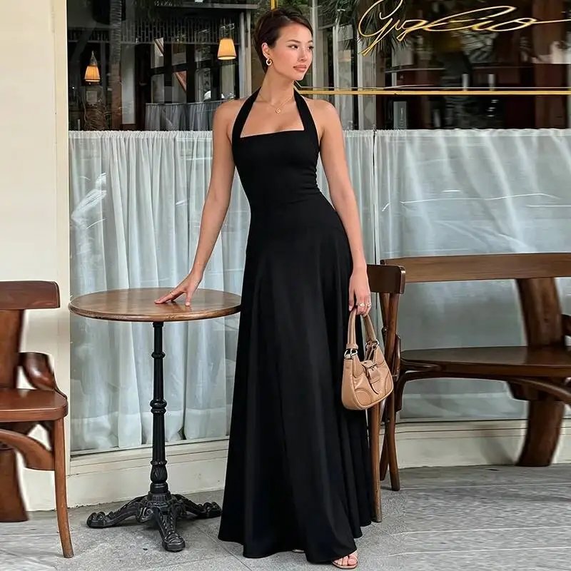 Fleepmart White Halter Backless Sexy Maxi Dress Women Elegant Square Collar Sleeveless Bodycon Club Party Long Dresses Female