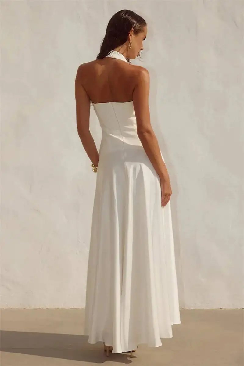Fleepmart White Halter Backless Sexy Maxi Dress Women Elegant Square Collar Sleeveless Bodycon Club Party Long Dresses Female
