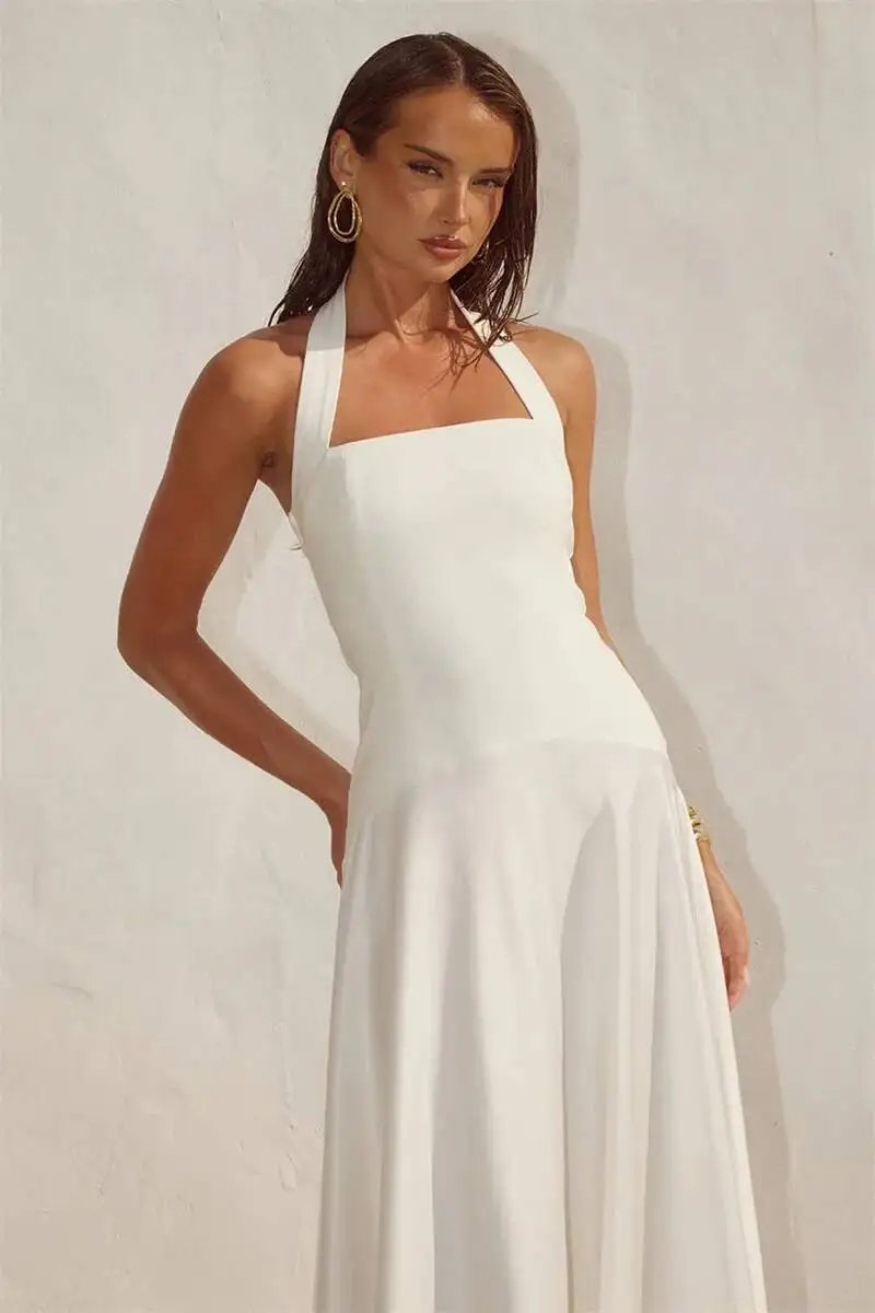 Fleepmart White Halter Backless Sexy Maxi Dress Women Elegant Square Collar Sleeveless Bodycon Club Party Long Dresses Female