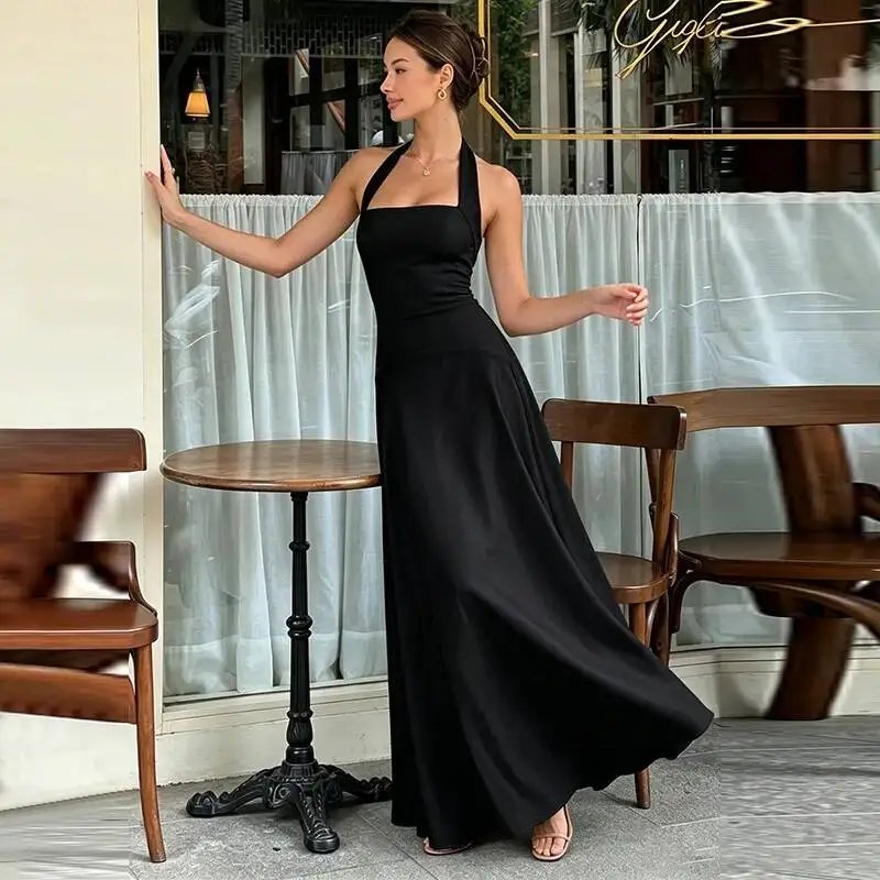 Fleepmart White Halter Backless Sexy Maxi Dress Women Elegant Square Collar Sleeveless Bodycon Club Party Long Dresses Female